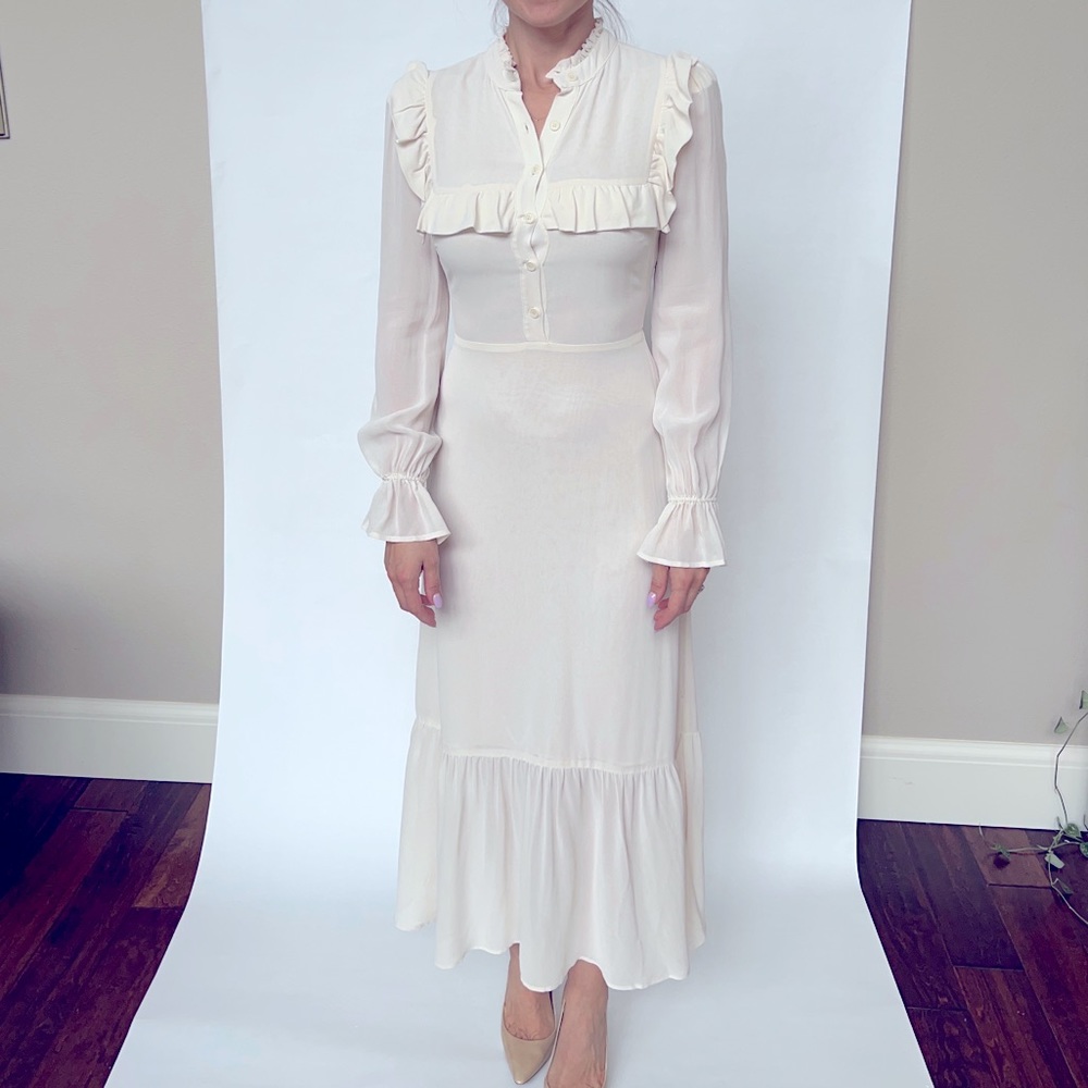 Reformation Hallie White Cream Long Sleeve MIDI Maxi dress ruffles. Size 2